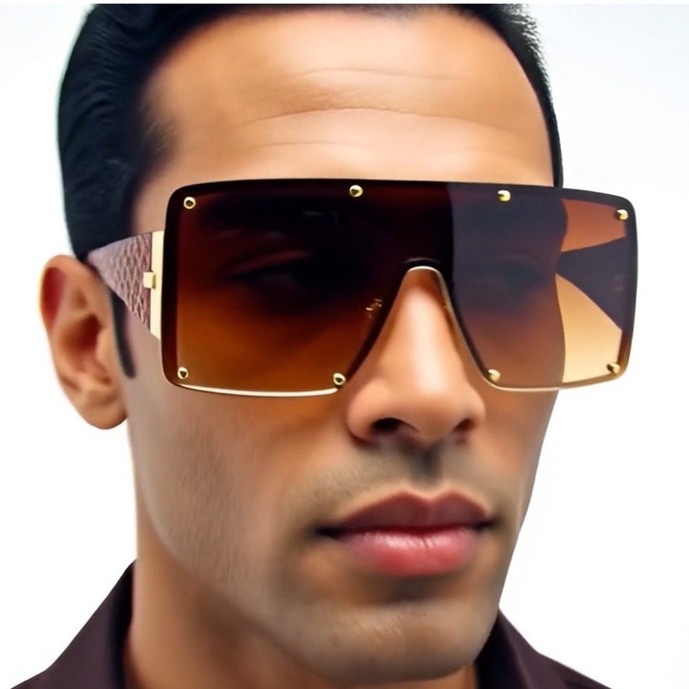 Shield‎ Sunglasses Men Oversized Flat Top Rivet Detail Brown Fashion Luxury